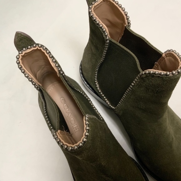 Coach Bowery bead Chelsea Khaki Green Suede Leather Ankle Fashion Boots Booties - Picture 12 of 14